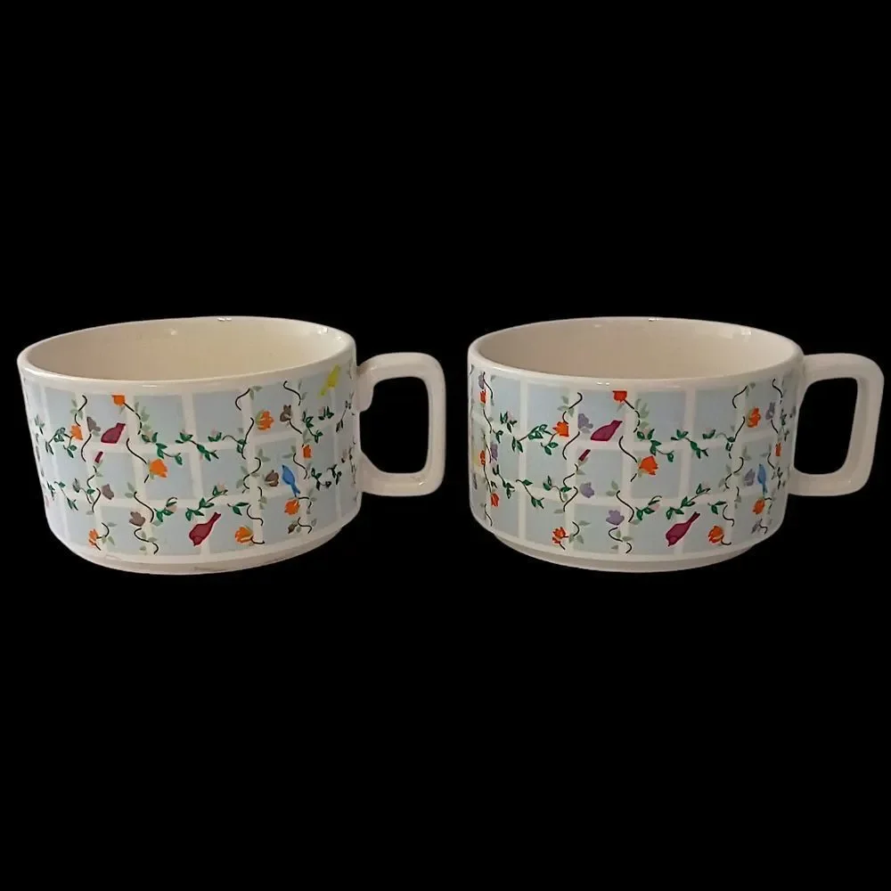 2 Vintage Soup Chili Mug Cup Ceramic Flowers Birds Pastel Pair Cottage 70s Retro